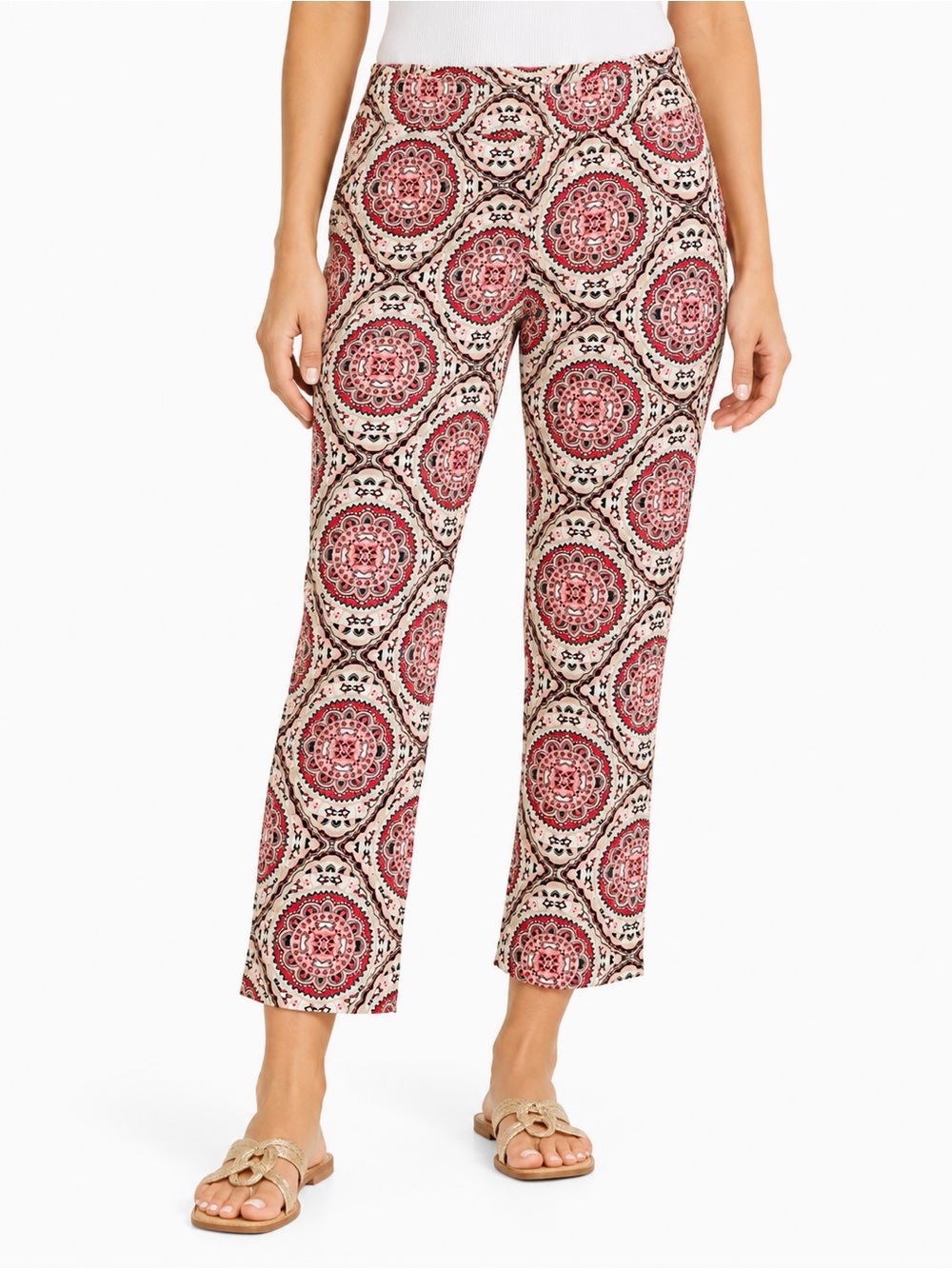 CHICO’S So Slimming Red & Cream Cropped Medallion Print Pull-On Ponte Pants #LHP